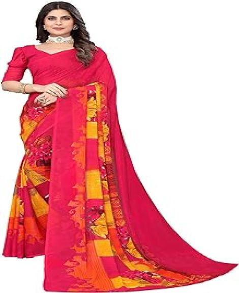 Women's Rani Pink Georgette Floral Printed Saree with Unstitched Blouse Piece (DHRUVIKA PINK)