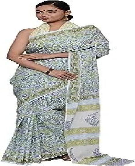 Hand Block Printed Cotton Mulmul Sarees for Women Attached Blouse Piece | Bagru Print Ajrak Print Cotton Saree for Women 1409