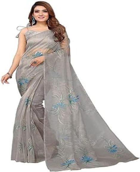 Women's Dyed & Foil With Printed Organza Saree with Unstitched Blouse Piece