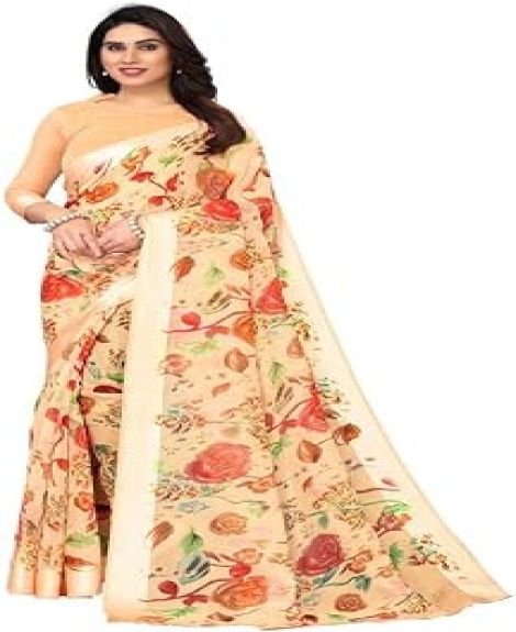 Women's Satin Border & Floral Printed Poly Cotton Saree with Unstitched Blouse Piece