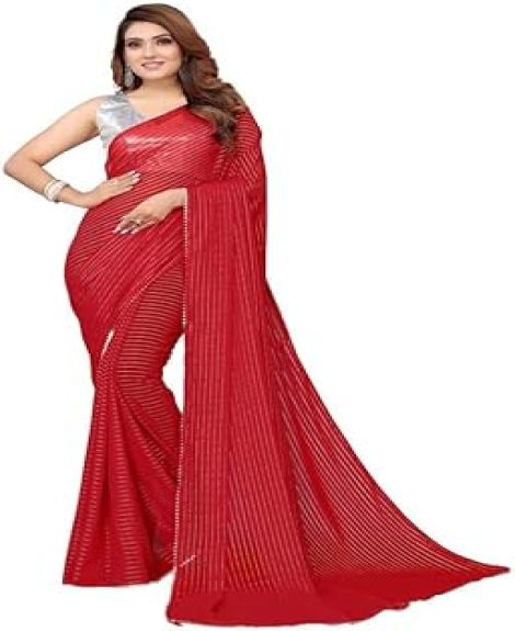 Women's Silver Gota Lace & Silver Foil Georgette Saree with Unstitched Blouse Piece